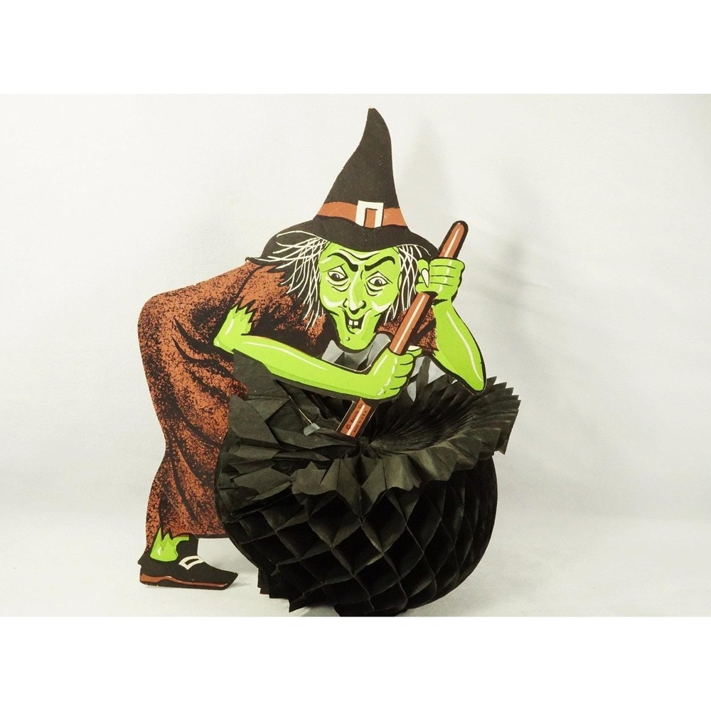 Vintage Beistle Green Witch with Black Honeycomb Cauldron Halloween Decoration